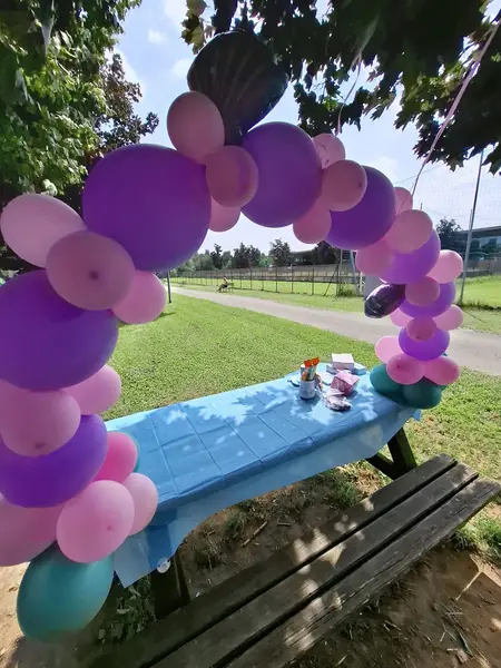 Arco viola per evento: allestimento con palloncini realizzato da Feste Pazze a Seregno