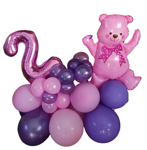 Orsetto lilla: allestimento con palloncini realizzato da Feste Pazze a Seregno