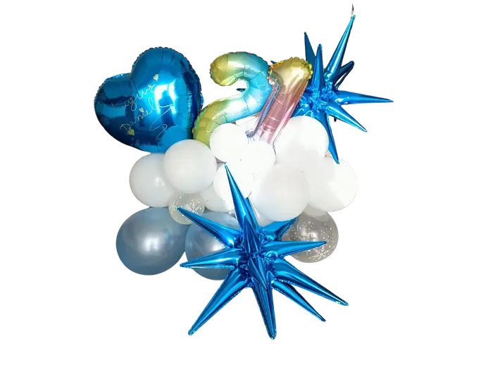 Bouquet blu e argento: allestimento con palloncini realizzato da Feste Pazze a Seregno