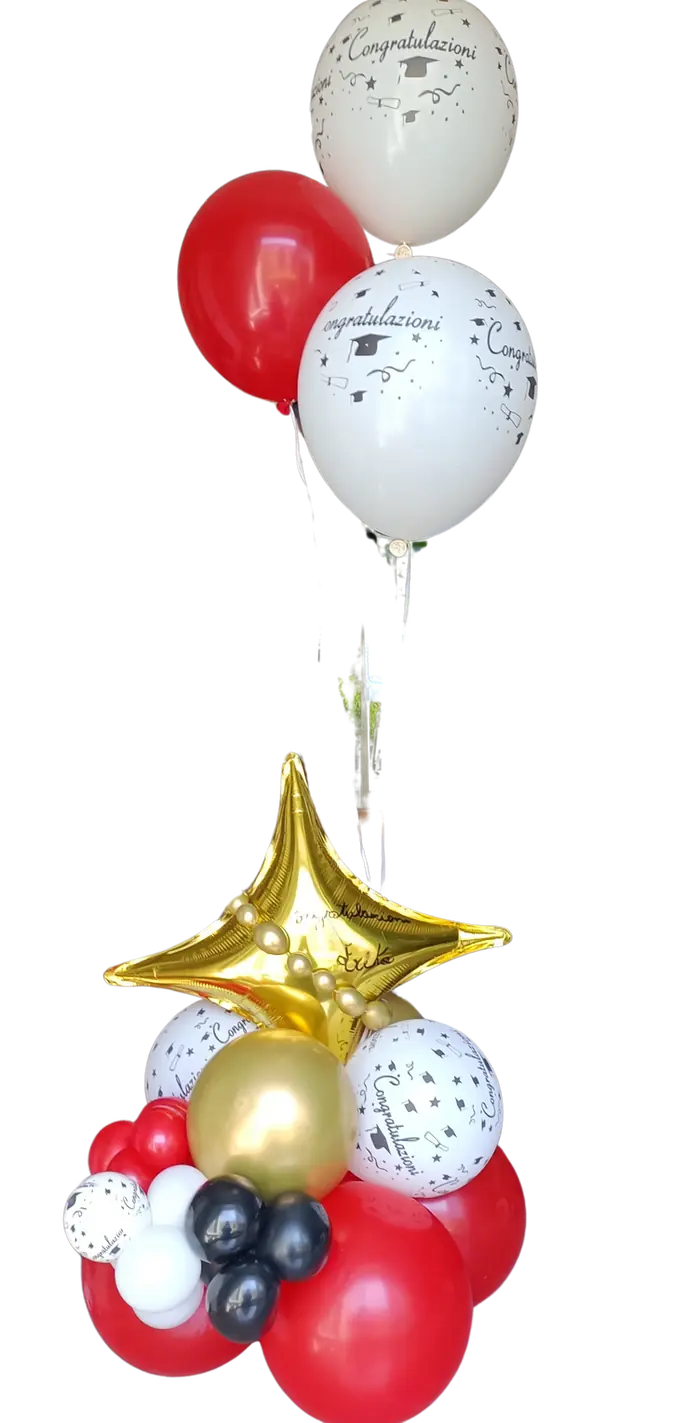 Bouquet stella oro: allestimento con palloncini realizzato da Feste Pazze a Seregno